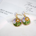 Gold Round Enamel Floral Pearl Drop Earrings 9 Colorways view 11