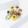 Green Vase Enamel Brooch With Yellow and Brown Flower Bouquet view 2