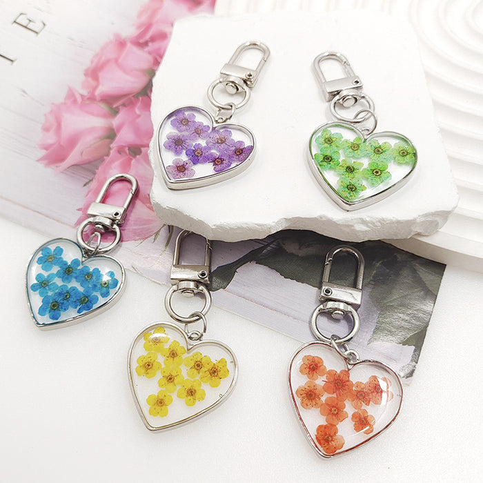 Heart Resin Dried Flower Keychains Silver Clasp 5 Colors