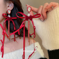Velvet Bow Earrings with Pearl Drops and Fine Chain Fringe view 3