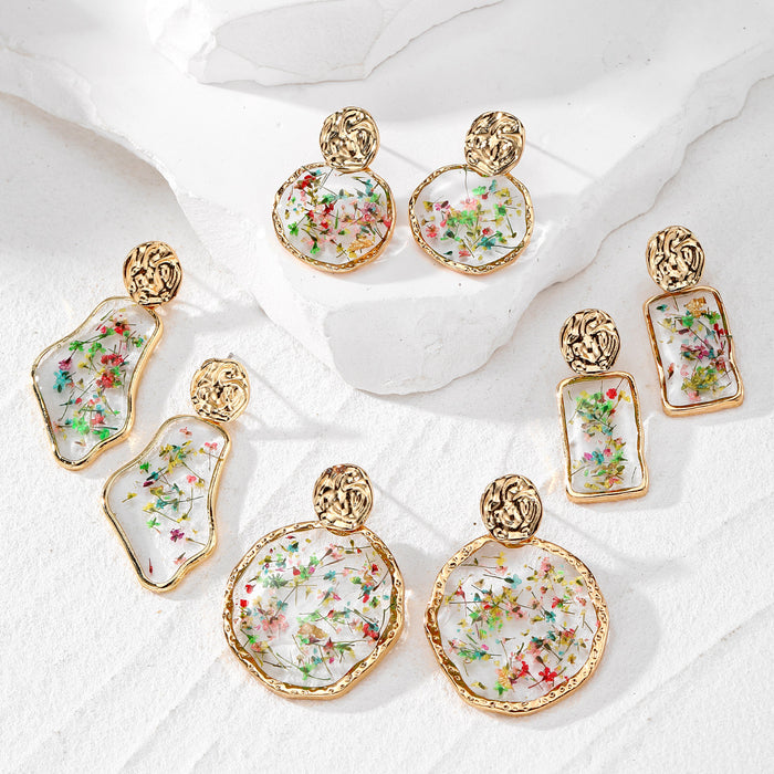 Gold Tone Confetti Flower Resin Stud Drop Earrings