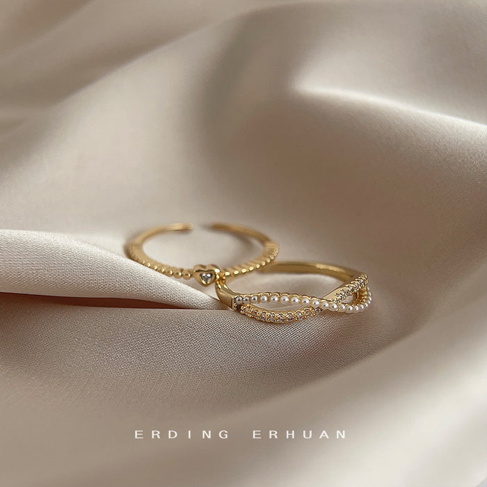 Gold-Tone Open Adjustable Heart And Twisted Pearl Rings