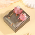 Pink Heart Flower and Long Gold Tone Chain Tassel Earrings view 4