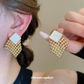 Black Square and Gold Tone Beaded Fringe Stud Earrings view 3