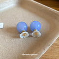 Blue Round Bead and White Flower Drop Stud Earrings view 3