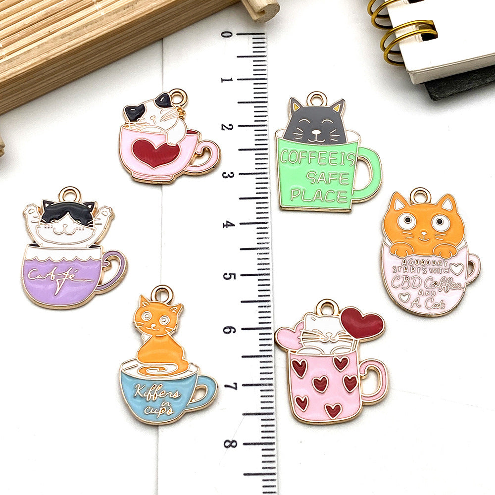 Zinc Alloy Heart Tea Cup Cat charm pendants for DIY earrings necklaces keychains