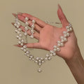 Silver Pearl Flower Necklace Rhinestone Dangle Earrings Set view 4