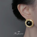 Black Cabochon Round Gold Textured Border Stud Earrings view 2
