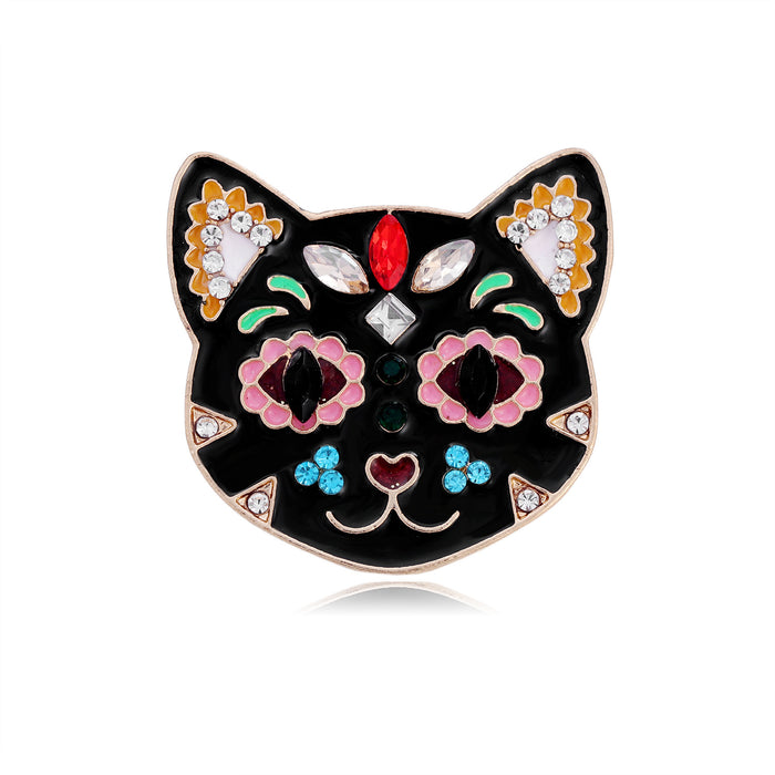 Black Floral Cat Face Crystal Gold Tone Metal Brooch Pin