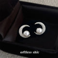 Silver Tone Clear Stone Crescent Moon And Pearl Stud Earrings view 4