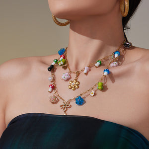 Gold Stainless Steel Paperclip Multi-Charm Resin Mushroom Necklace