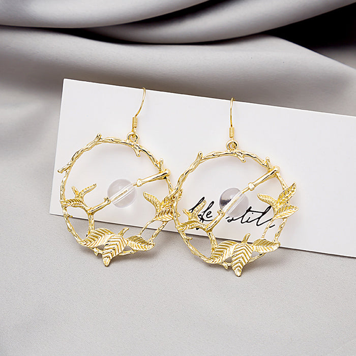 Gold Branch Leaf Circle Drop Earrings Clear Center Bead