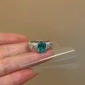 Silver Open Ring Emerald Green Cushion Stone Pave Lattice view 3