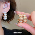 Pair of Metal Tone Champagne Pearl Cluster C-Shaped Stud Earrings view 2