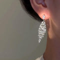 Silver Tone Crystal Wheat Leaf Long Cluster Drop Earrings view 4