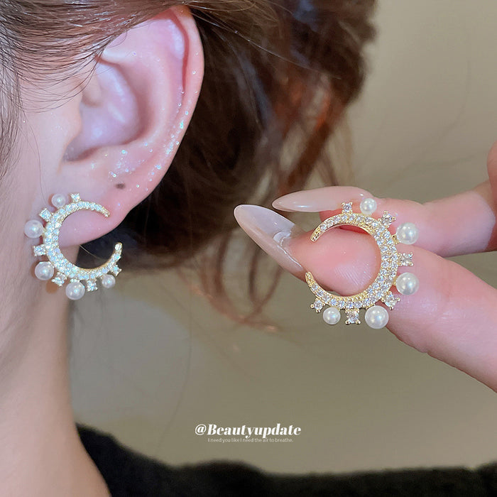 Crystal Crescent Pearl Hoop Earrings Decorative Jewelry Design