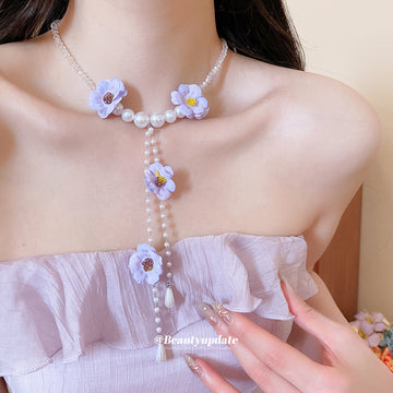 Purple Flower Pearl Lariat Necklace with White Beads and Long Drop