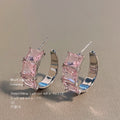 Silver-Tone Pink Baguette Zirconia C-Shape Hoop Earrings view 4