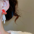 Red Horse Stud Earrings With White Beaded Chain Tassels view 4