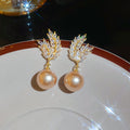 Gold Tone Wheat Leaf Earrings With Champagne Pearl Drops view 6