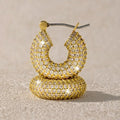 Gold Tone Small Pave Crystal Chunky Open Hoop Earrings view 1