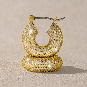 Gold Tone Small Pave Crystal Chunky Open Hoop Earrings
