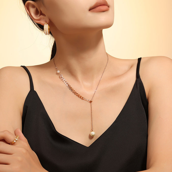 Wheat Leaf Y Lariat Necklace Glue Bead Pearl Titanium Steel