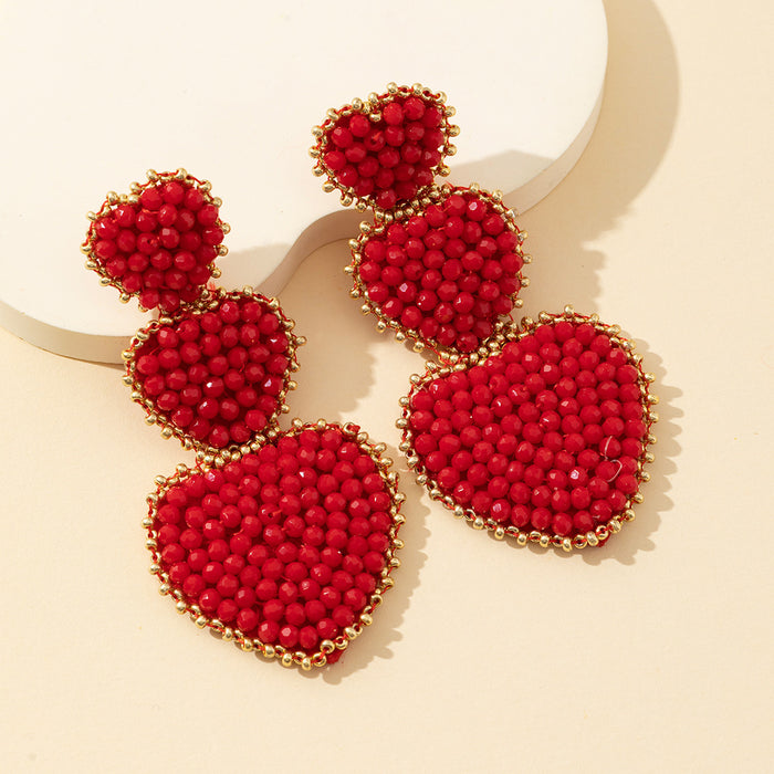 Red Crystal Bead Three Tier Heart Drop Earrings Gold-Tone Trim