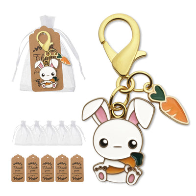 Packaging overview shows the white bunny and carrot clasp charm with an organza bag and kraft tags.