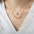 Gold Double Layer Necklace Green Rectangle Pendant Cube Beads view 6