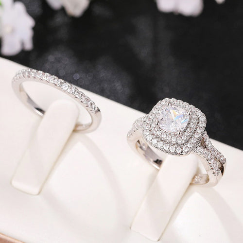Square Halo Crossed Band Ring Set in Silver Tone, alternate angle.