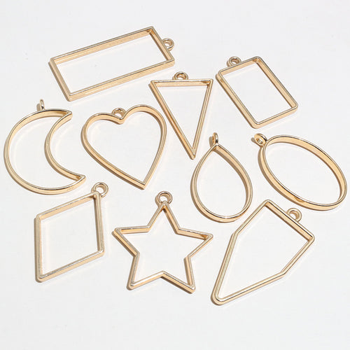 Image 2 showing gold tone open back resin frames in eleven geometric shapes in the pictured colors and forms
