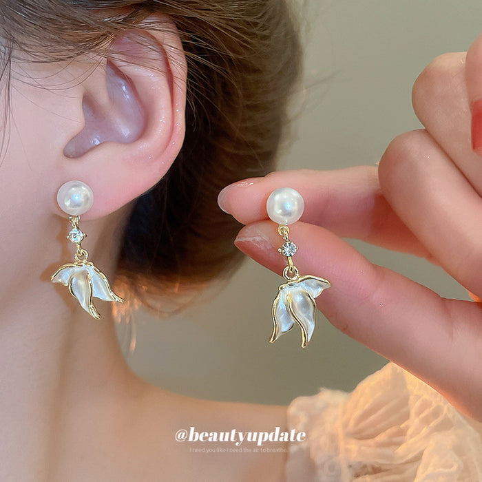 Gold Tone Pearl and Iridescent Flower Drop Earrings