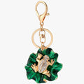 Green Enamel Lotus Leaf Gold Frog Rhinestone Keychain view 1