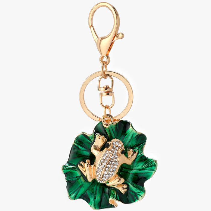 Green Enamel Lotus Leaf Gold Frog Rhinestone Keychain