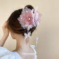 Layered Pink Mesh Flower Hair Claw With Butterflies And Crystal Chain Fringe view 3