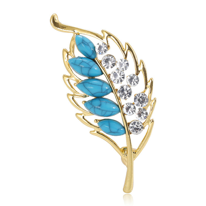 Turquoise Leaf Brooch with Clear Crystal Sprig for Jackets and Scarves