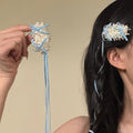 Pearl Cluster Ribbon Bow Hair Clips Long Tails Purple Blue view 1
