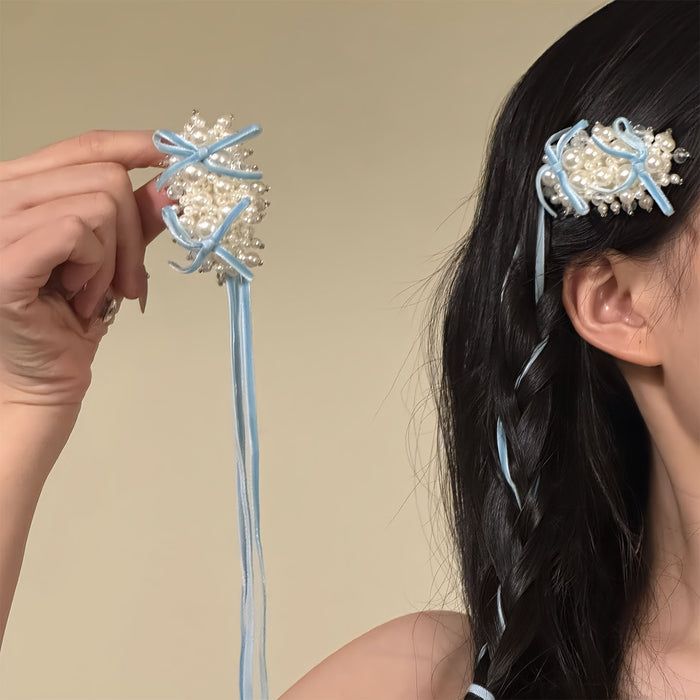 Pearl Cluster Ribbon Bow Hair Clips Long Tails Purple Blue