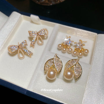 Gold Tone Bow and Pearl Stud Earrings in Three Designs