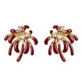Gold Tone Burgundy Enamel Firework Flower Stud Earrings view 5