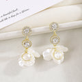 Clear Double Halo White Petal Floral Dangle Earrings view 2