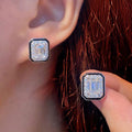 Silver Tone Black Enamel Emerald Cut Stud Earrings view 3