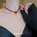 Red Heart Stud Earrings And Cord Pendant Necklace With Polished Metal Tone Details view 4