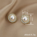 Gold Pearl Sunburst Stud Earrings Clear CZ Beaded Halo Pair view 4