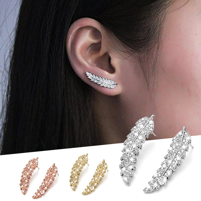 Pave Cubic Zirconia Feather Stud Earrings, Brass, Three Tones