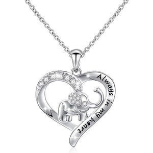 Silver Tone Heart Elephant Pendant Necklace With Clear Stones