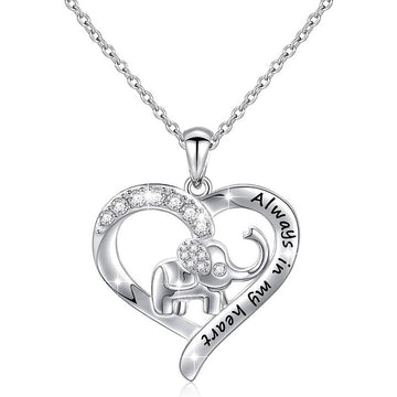 Silver Tone Heart Elephant Pendant Necklace With Clear Stones