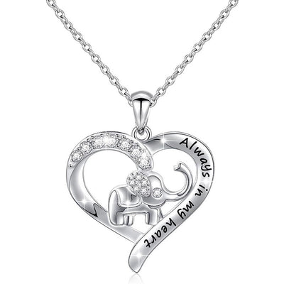 Front product view of silver tone heart elephant pendant necklace with clear stones