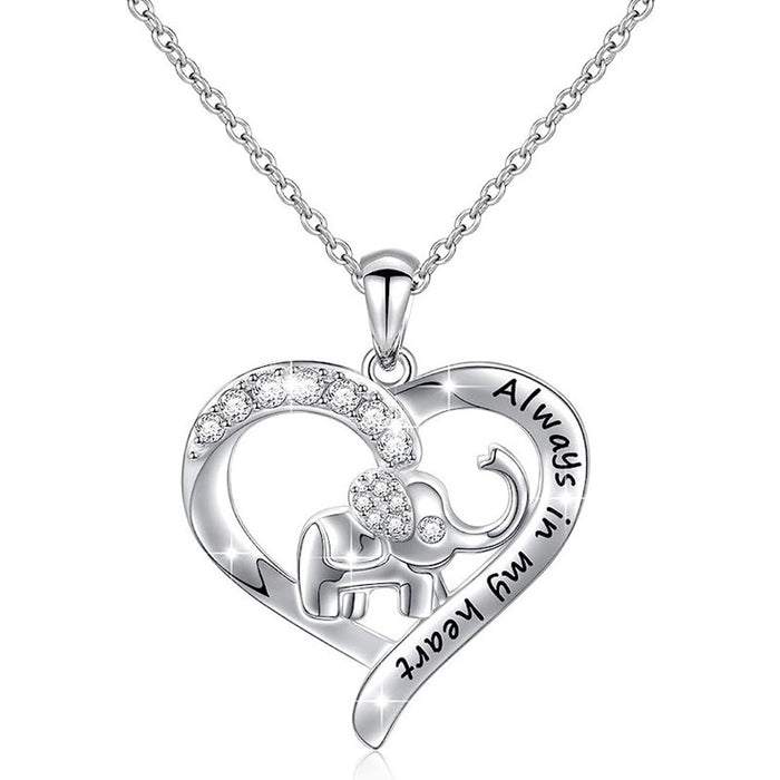 Silver Tone Heart Elephant Pendant Necklace With Clear Stones